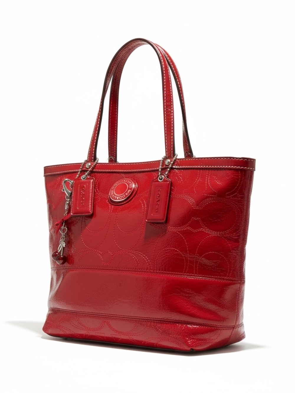 Coach Red Patent Leather Tote with Signature Emboss